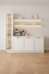 Lumia cam vitrinli kahve köşesi ile evinizde modern ve şık bir kahve alanı oluşturun. LED aydınlatmalı, kırık beyaz renk.