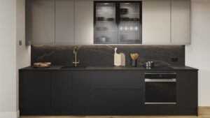 Marbella Modern Mutfak; antrasit ve doğal tonların uyumu, mermer dokulu tezgâh ve ankastre uyumlu modern tasarımıyla şıklığı mutfağınıza taşır.