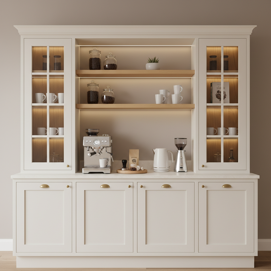 Vanilla Glow Kahve Köşesi; LED aydınlatmalı üst rafları, modern tasarımı ve fonksiyonel depolama alanlarıyla evinizde şık bir kahve köşesi oluşturur.