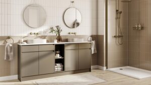 Aura Çift Lavabolu Banyo Dolabı, sıcak bej tonları ve modern çizgileriyle banyonuza zarif bir görünüm kazandırır. Geniş iç hacmi sayesinde çift kullanıma uygundur ve günlük kullanımda maksimum konfor sağlar. Neme dayanıklı MDF yapısı ile uzun ömürlü kullanım sunar. Modern ve fonksiyonel banyolar için ideal bir tercihtir.