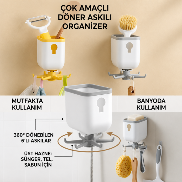 360 derece döner kancalı organizer